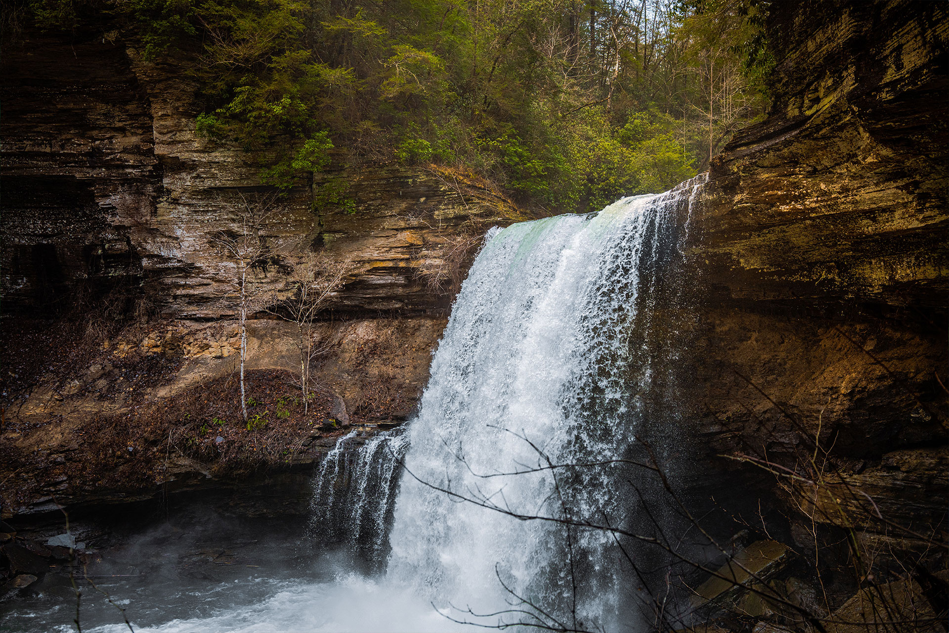 Burgess Falls cascading over a gorge wall into a deep pool near Center Hill Lake.