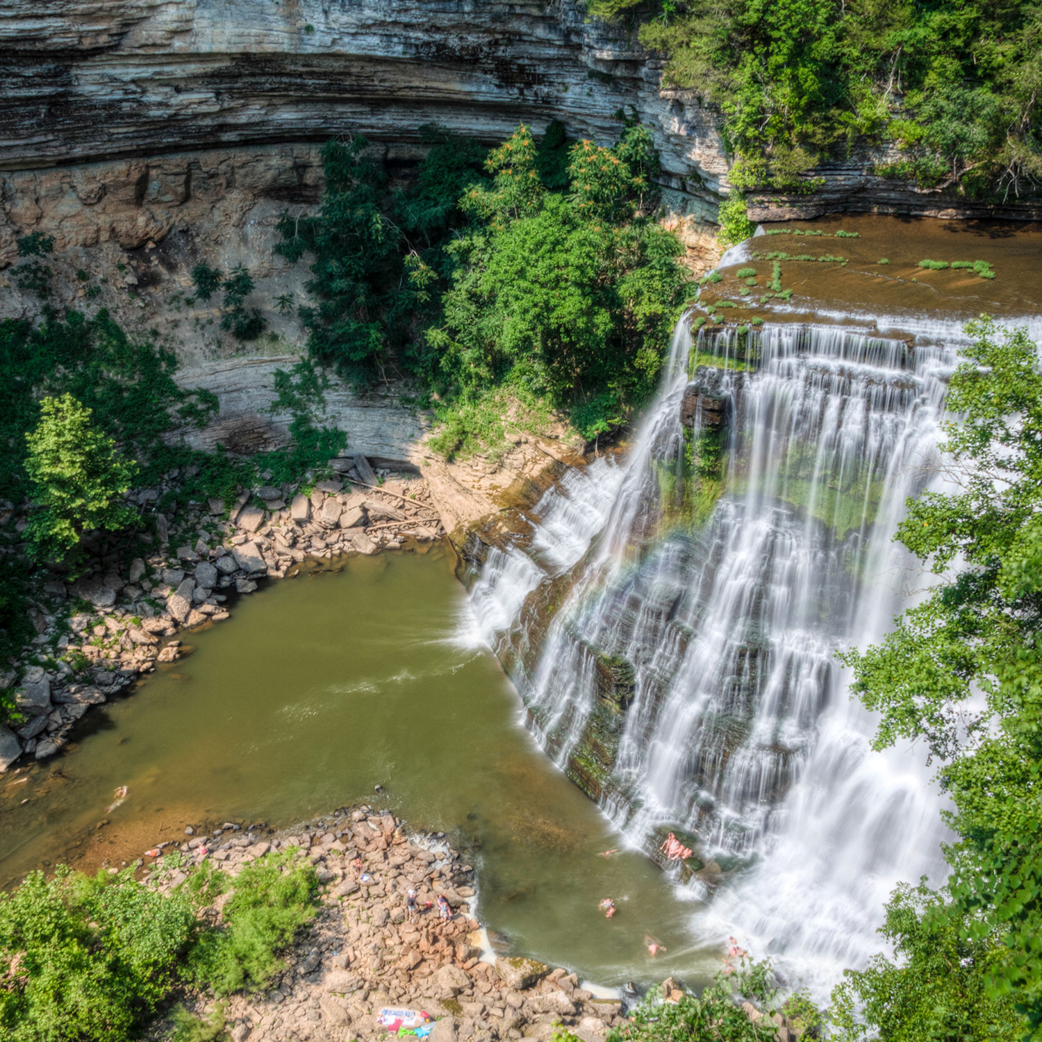 An overhead view of Burgess Falls cascading into the pool below at Burgess Falls State Park near Center Hill Lake.