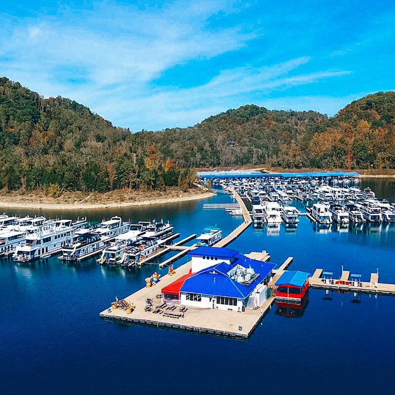 An overhead view of the Hurricane Marina boathouse, dock and slips on Center Hill Lake