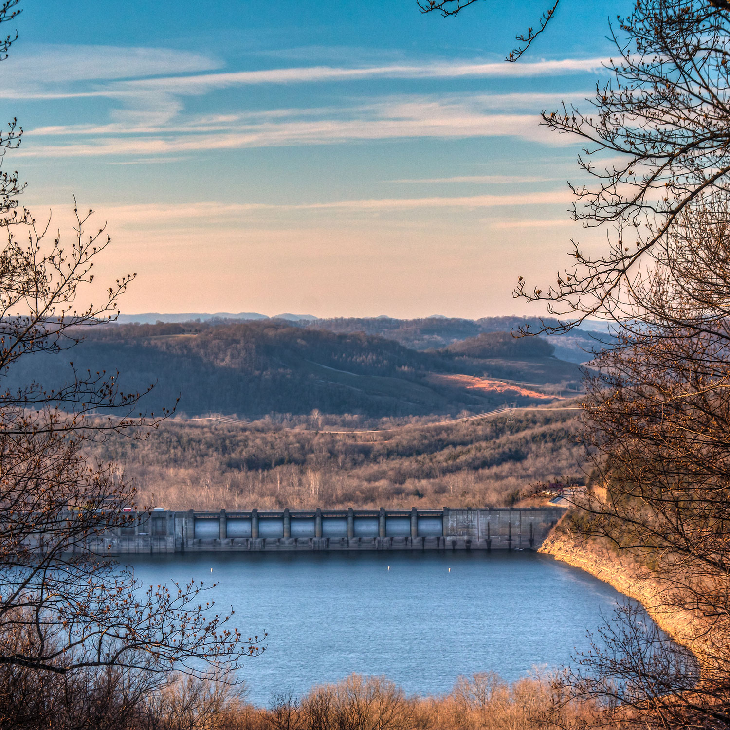 A view from Edgar Evins State Park of the Center Hill Dam on Center Hill Lake.