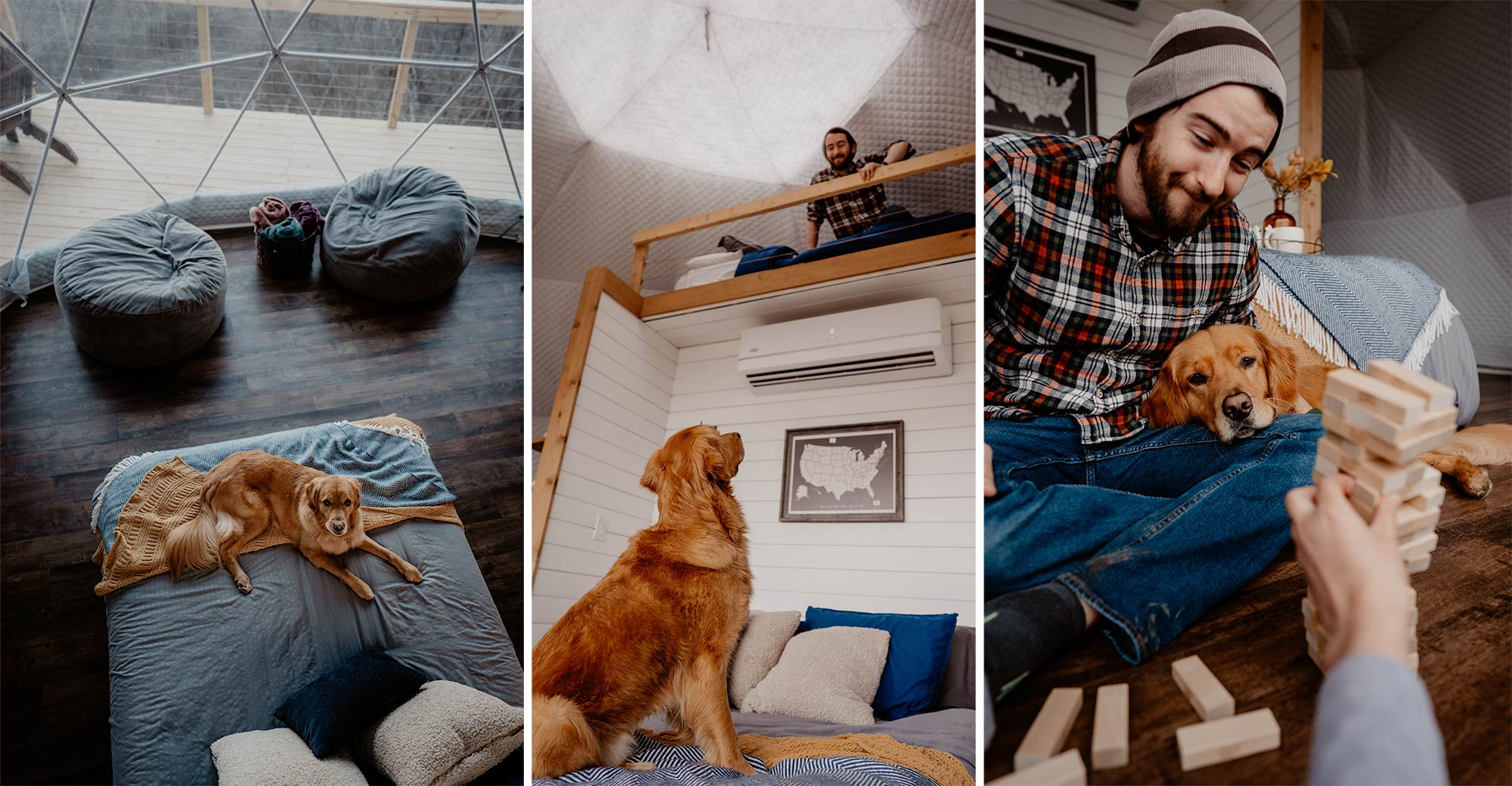 Man feeding his dog in a glamping dome