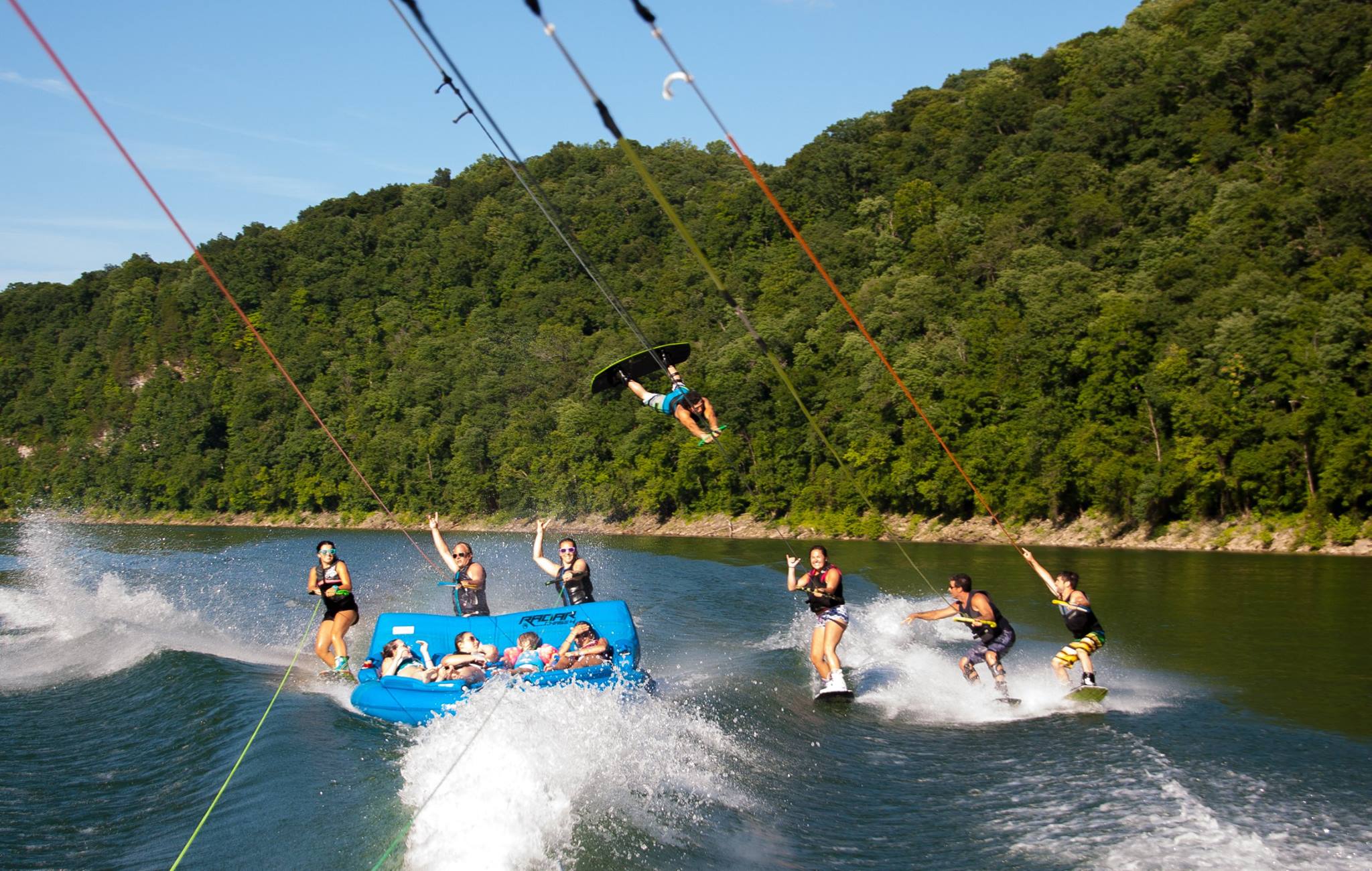 large group of people wakeboarding on Center Hill Lake