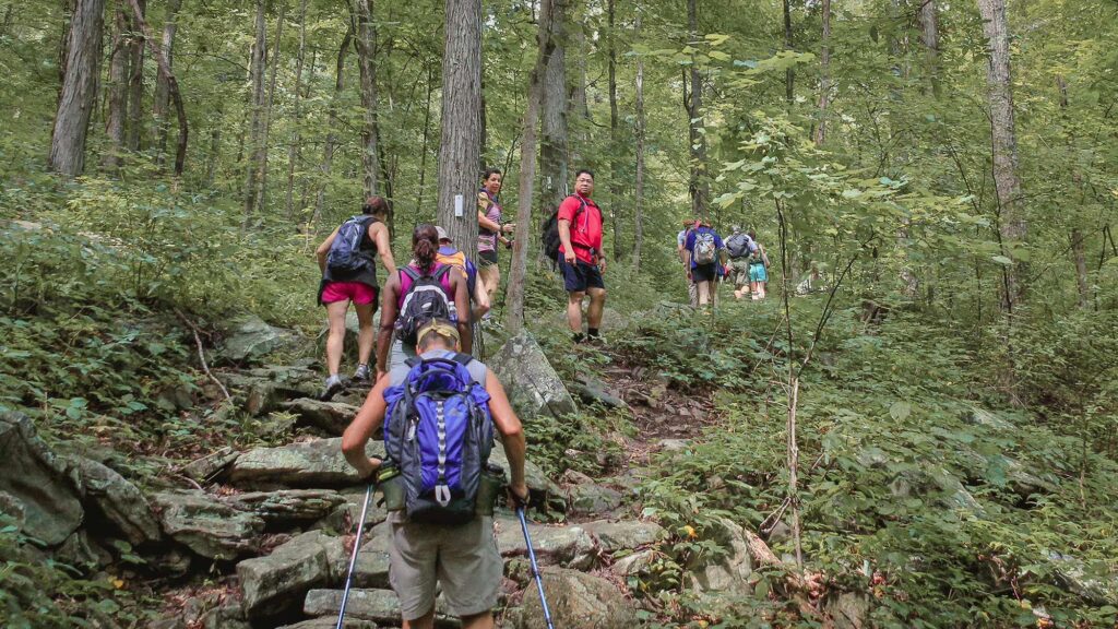 Hikers cross a rocky terrain on the Greeter Falls trail in Savage Gulf, Tennessee.