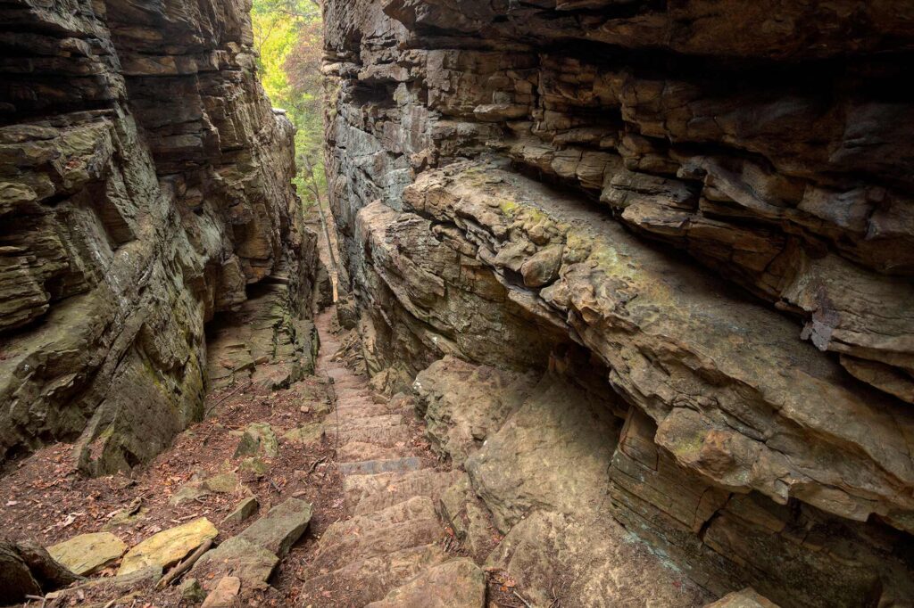 Narrow stone stairway descending through a dramatic natural rock crevice known as the Stone Door in Savage Gulf, Tennessee. Towering sandstone walls line both sides, with layered rock formations and soft forest light visible beyond the passage.